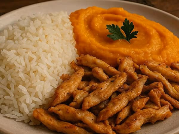Iscas de frango com purê de abobora e arroz