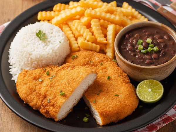 Milanesa Crocante com Arroz, Feijão e Fritas